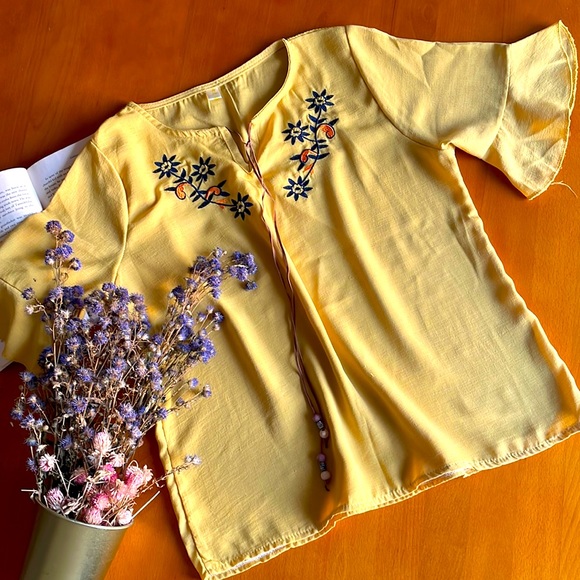 Yellow embroidered floral top with frill sleeves - Picture 5 of 5